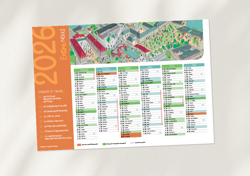 illustration du calendrier 2026 du département de l’Aube avec carte et monuments en cherche et trouve